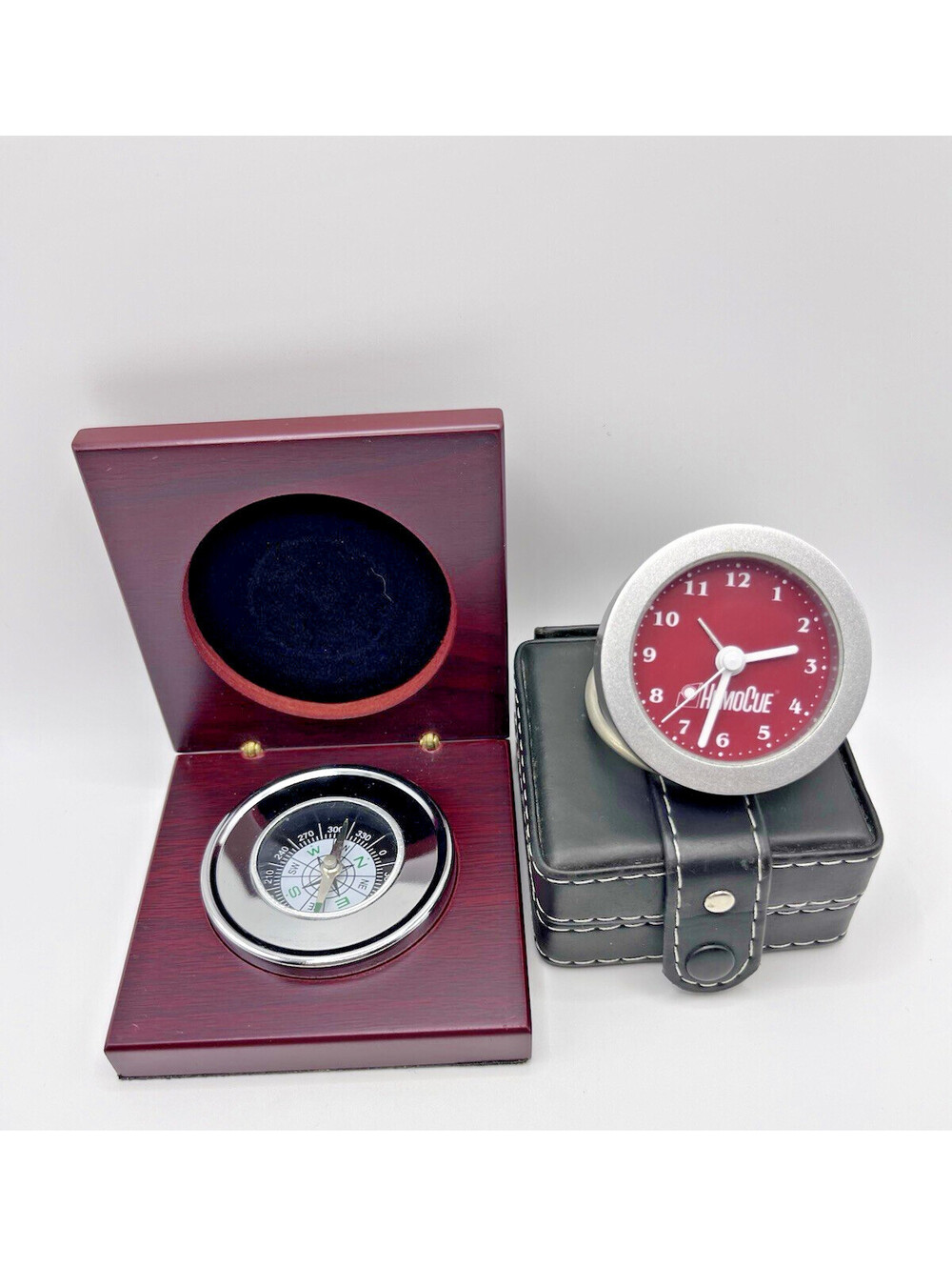 Compass and mini desk clock Advertising both, working condition 3116.4